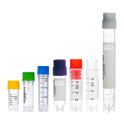 {{0}},5 ml, 1.0ml, 1,5 ml, 20 ml un 5,0 ml CryoKING daudzkodēti kriogēnie flakoni